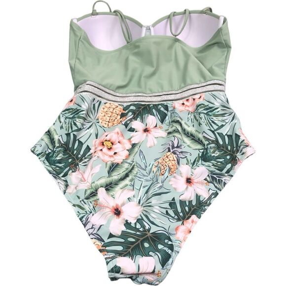 Tropical & Pineapple Print Green Peach One Piece Swimsuit - Picture 4 of 15